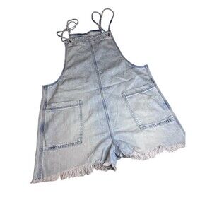 Aerie Romper Womens Size L Blue Denim Shortall Double Strap Frayed Hem